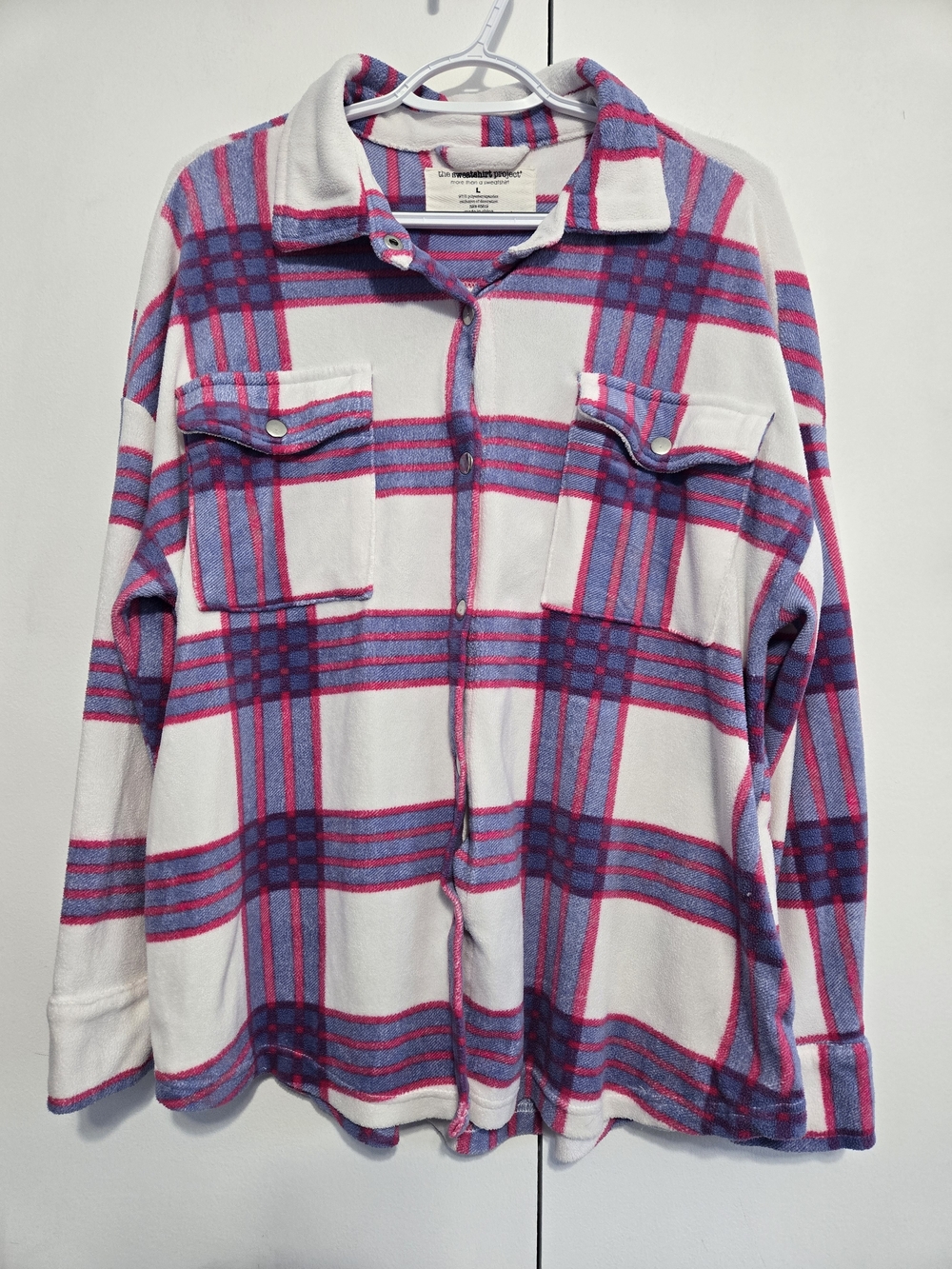 The Sweatshirt Project Large Plaid Shacket Pink Blue White Stretch Oversized